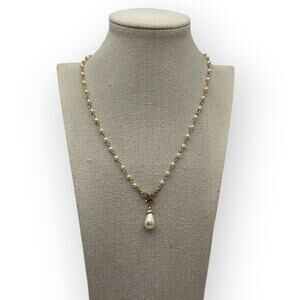 1928 Gold Tone Bow & Pearl Drop Vintage Style Necklace